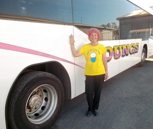 Erica with new PINK hair with her Young's Bus